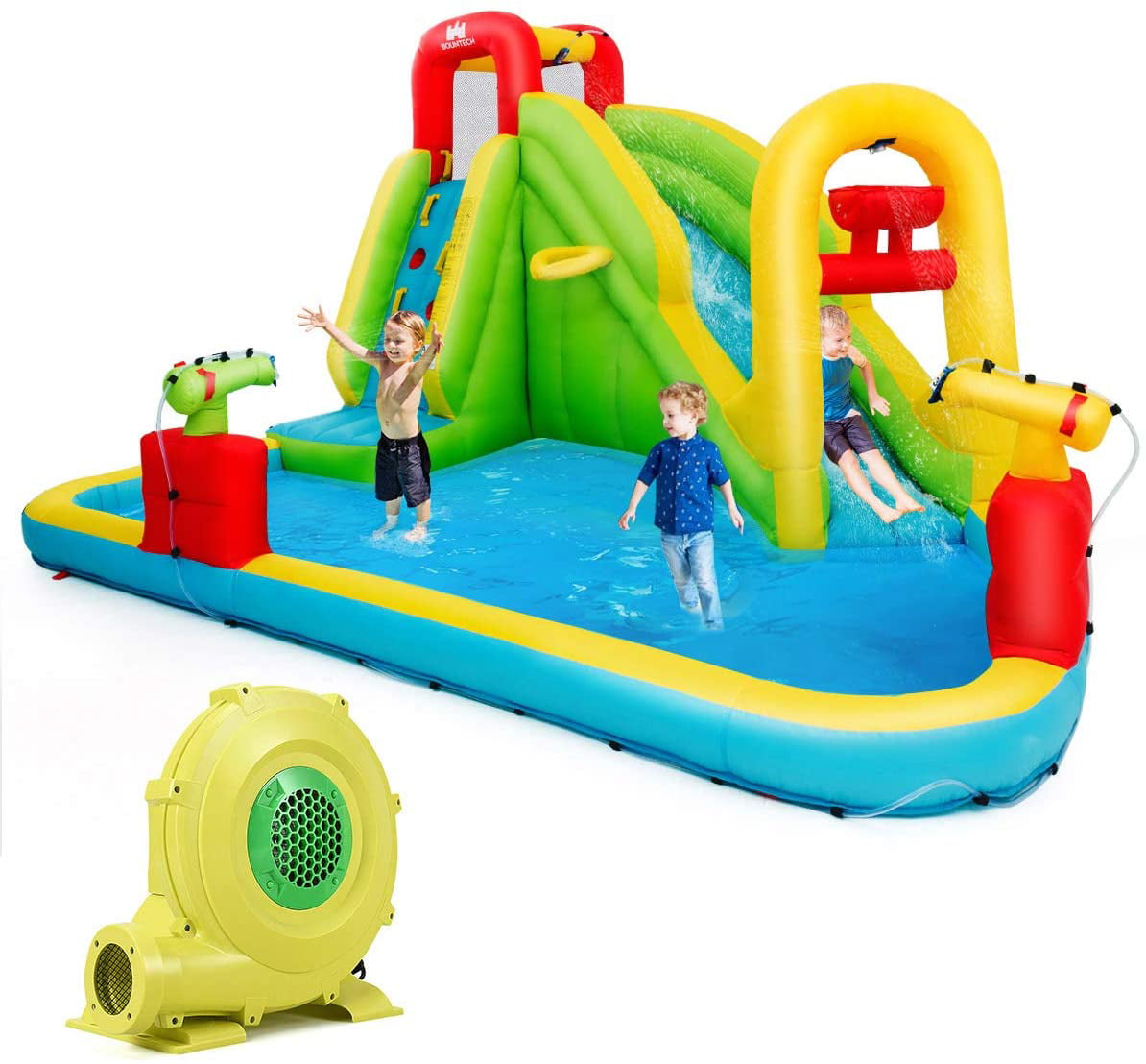 Basketball Hoop Stakes 6 in 1 Bounce House w/ Climbing Wall Without Blower Repair Kit Jumping Area Hose Including Carry Bag Water Cannon Splash Pool BOUNTECH Inflatable Water Slide