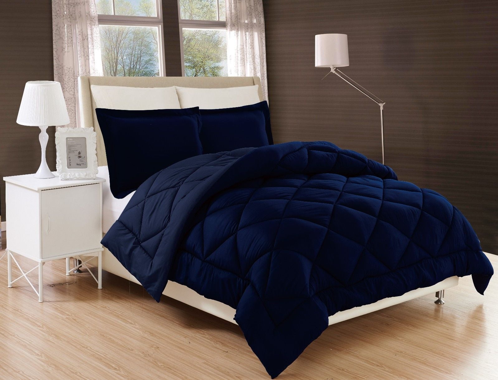 Navy Blue Down Alternative Diamond Comforter Bed Cover Set, 3pc Queen