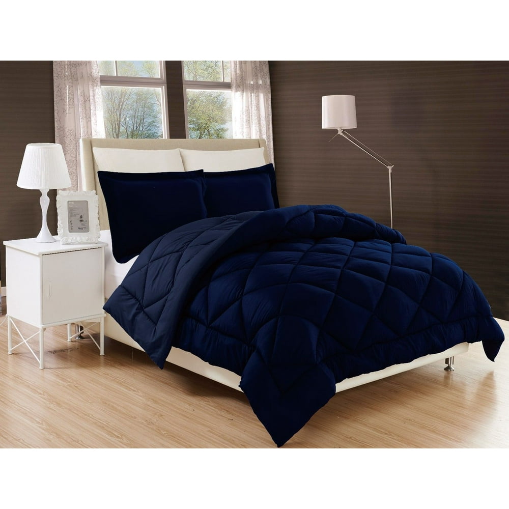 Navy Blue Down Alternative Diamond Comforter Bed Cover Set, 3pc Queen