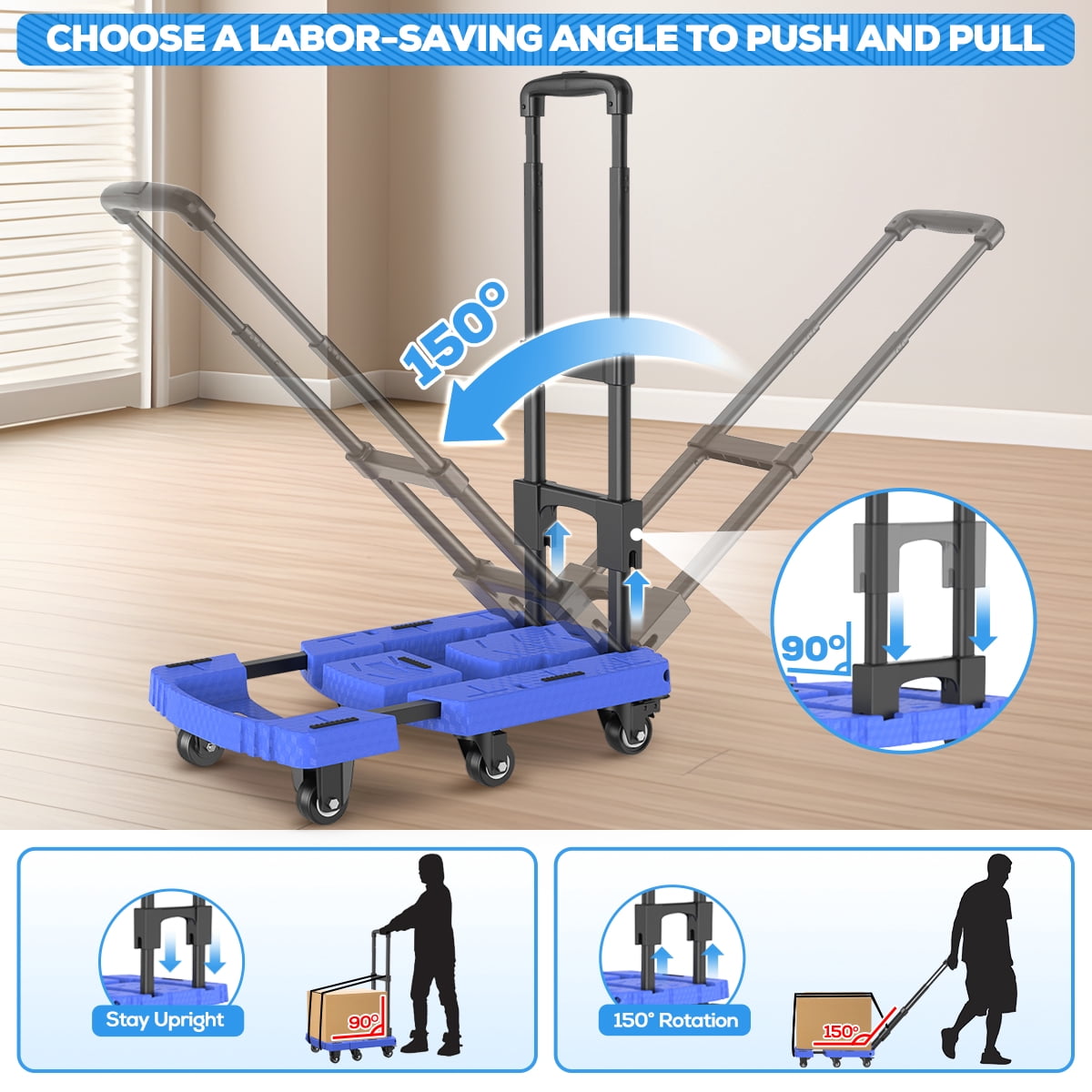 TNTANTS Folding Hand Truck, 500 LB Heavy Duty Portable Dolly Cart, 6 Wheels Collapsible Luggage Trolley with 3 Elastic Ropes, Hand Cart for Travel, Moving, Shopping, Blue