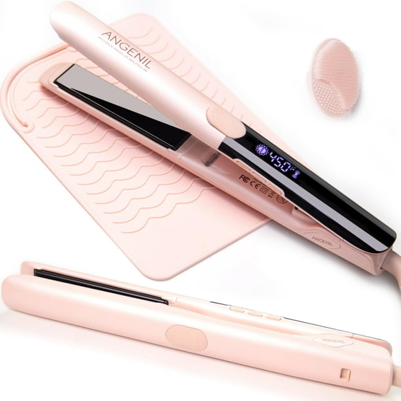 ANGENIL Pro Titanium Flat Iron Hair Straightener, Dual Voltage Straightening and Curling Iron in One, 15s Fast Heating, Negative Ion Round Pink Hair Straightener with Heat Resistant S