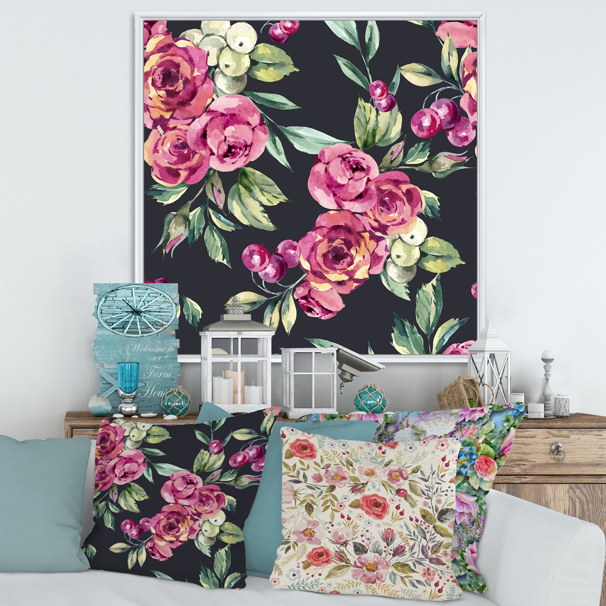Designart 'Red VIntage Roses and Berries On Black Background' Farmhouse Framed Canvas Wall Art Print