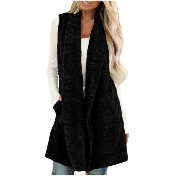 Hxshgdsn Fleece Sleeveless Long Vest For Women With Pocket Fuzzy Open Front Cardigan Black 2Xl