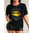 thumbnail image 1 of 1pc Women'S Casual Crew Neck T-Shirt with Yellow Mouth Letter Print, Polyester Knit Fabric, Medium Stretch, Fashionable Short Sleeve Top for Spring/Summer/Fall, 1 of 7