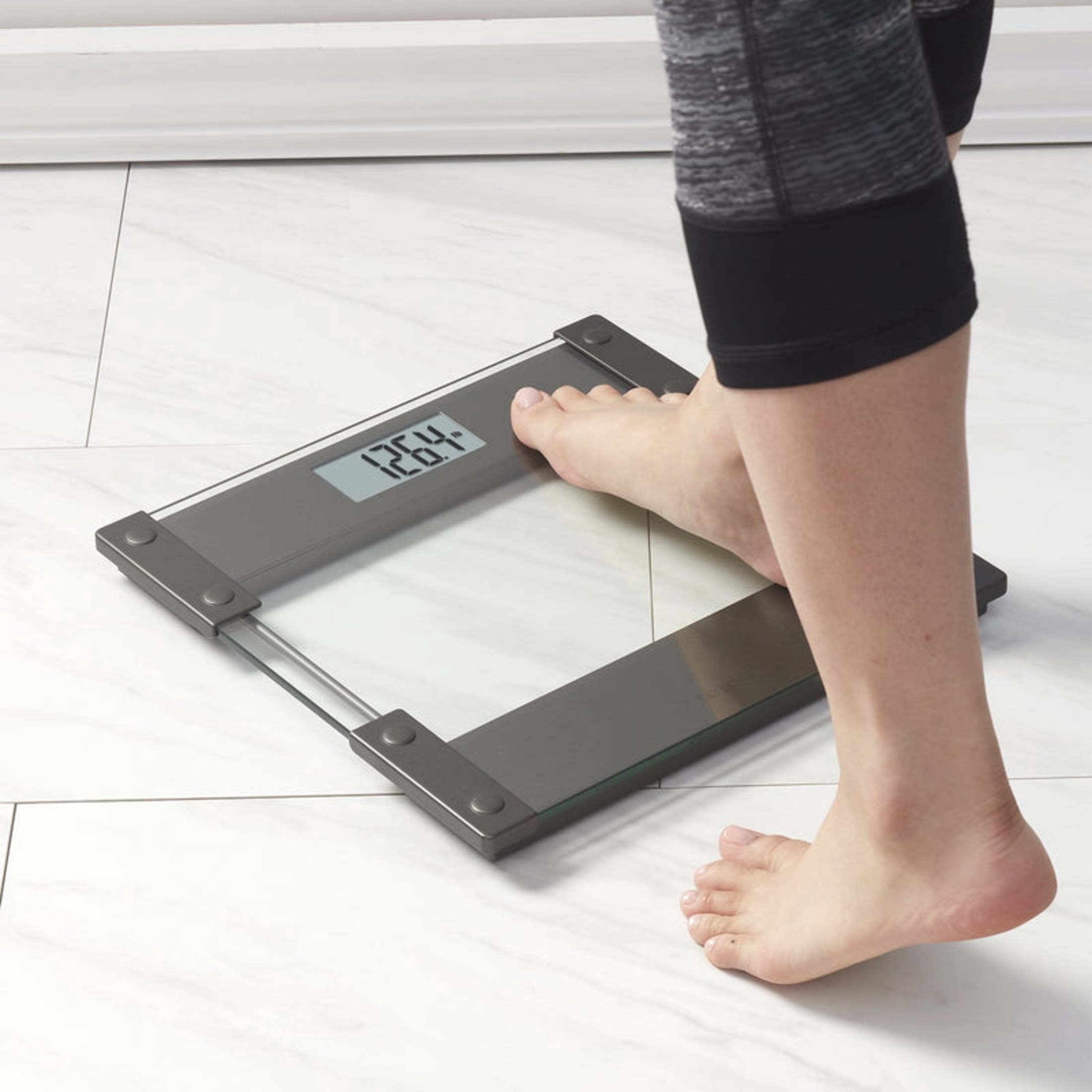 Farmstead Living Digital Glass Bathroom Scale – 12.4" Large Platform with ABS Hinge Construction, 400 lb Capacity Body Weight Monitor with 0.2 lb Precision for Accurate Home Weighing (Brown/Clear)