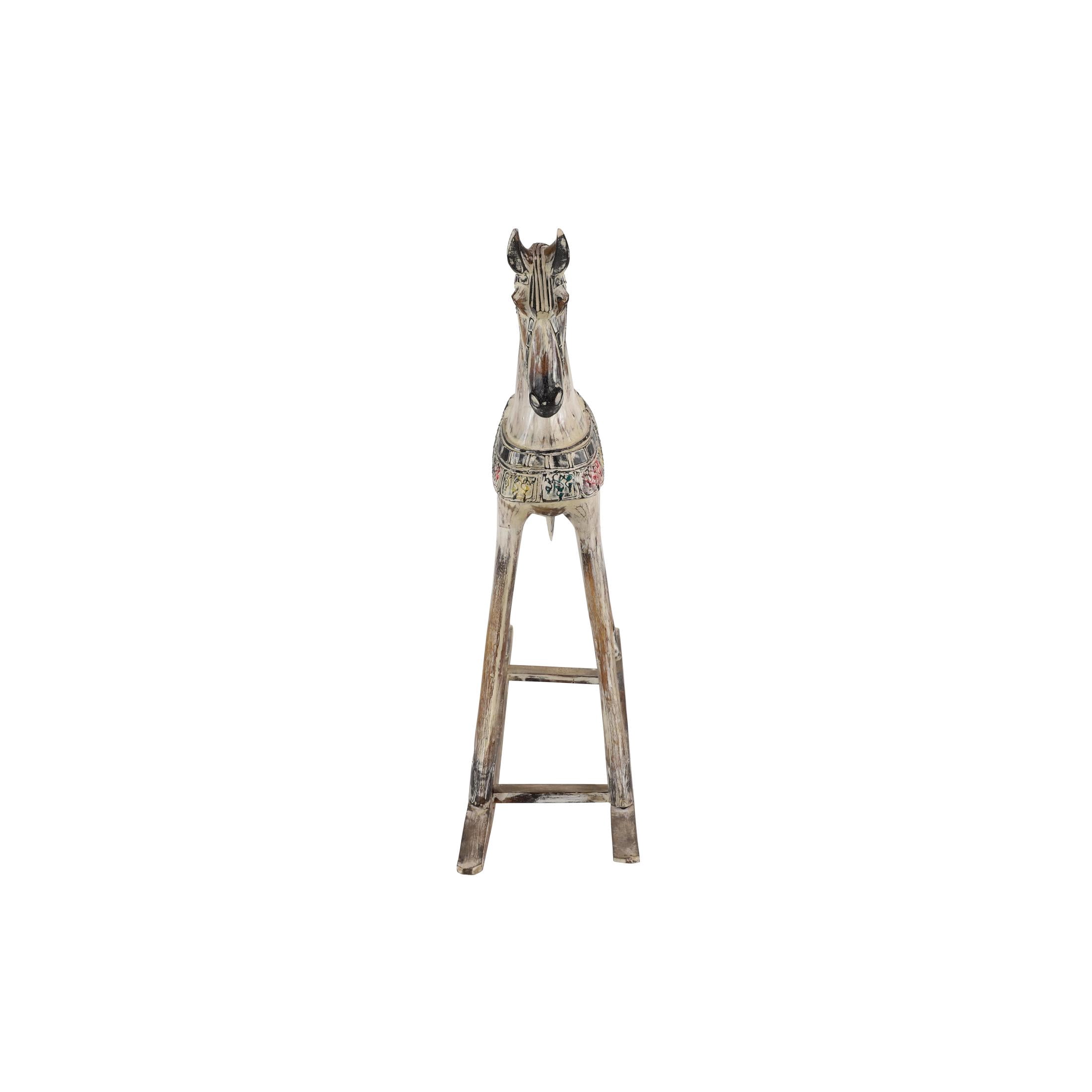 DecMode Beige Wood Horse Rocking Decorative Sculpture with Brown Distressing and Colorful Accents, 42" x 11" x 38"
