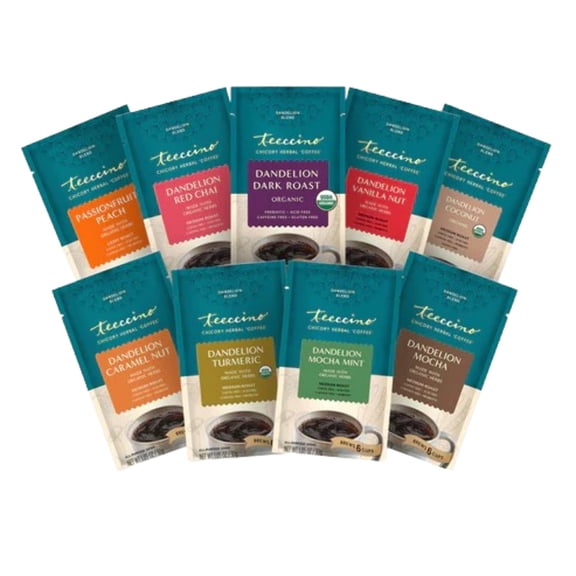 Teeccino Dandelion Root Herbal Coffee Sampler - Caffeine-Free Coffee Alternative with Prebiotics - 6 Trial Size Packets
