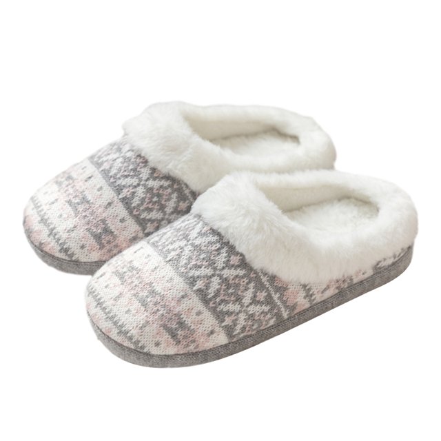 Women's Memory Foam House Slippers Sweater Knit Embroidered Pattern and Ribbed Hand-Knit Collar House Shoes