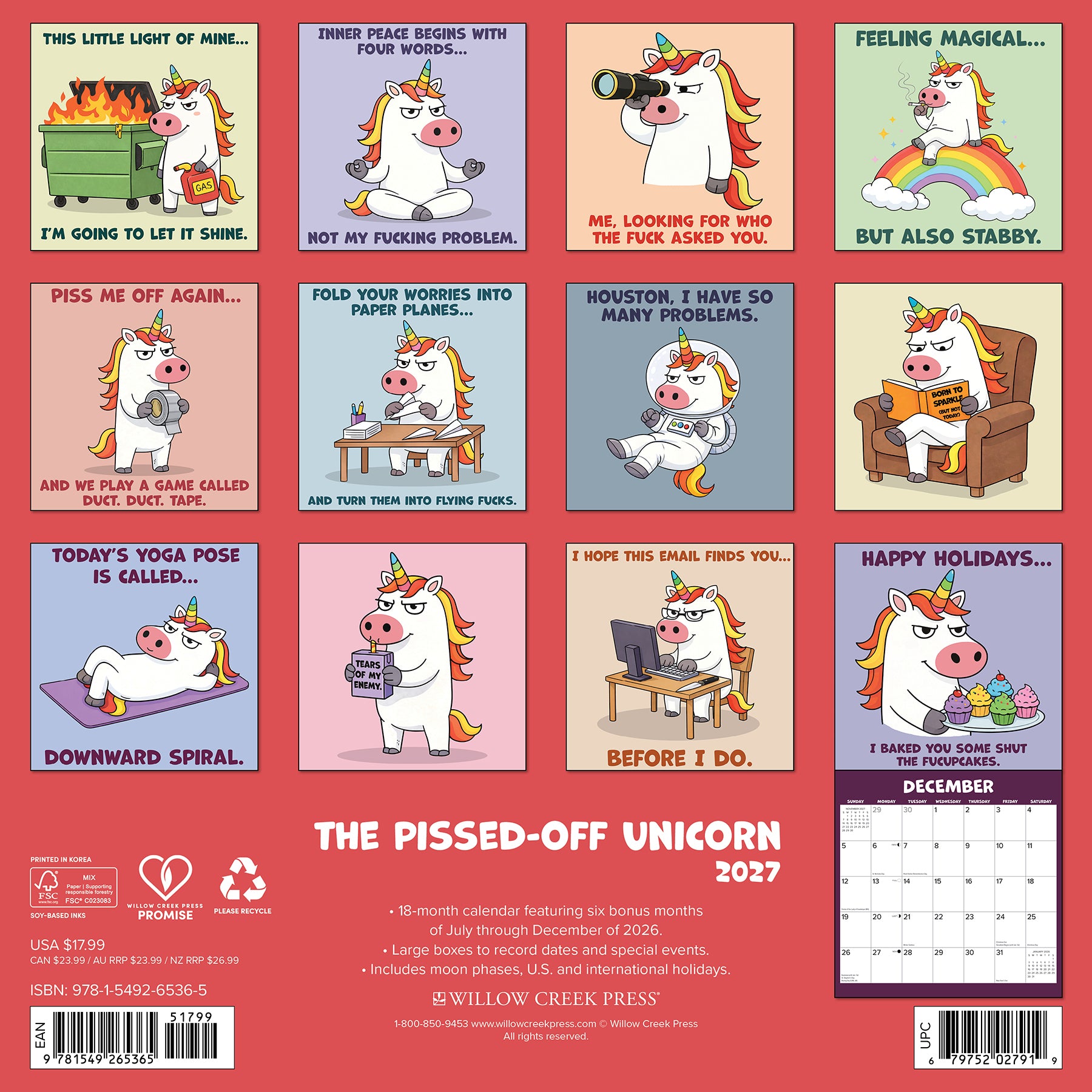 Willow Creek Press, Pissed-off Unicorns 2027 Wall Calendar