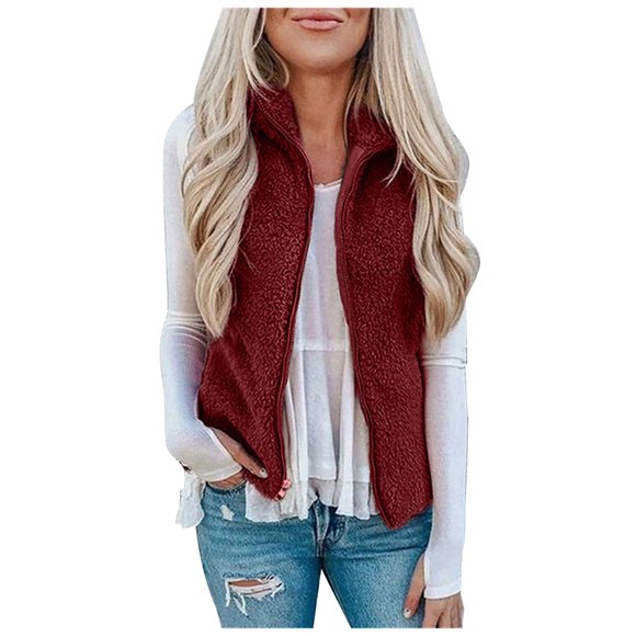 Kcodviy Women Casual Solid Color Running Fleece Vest Lapel Full Zip Mock Jacket Sleeveless Winter Daily Slim Women's Jackets Warm Fleece Coat