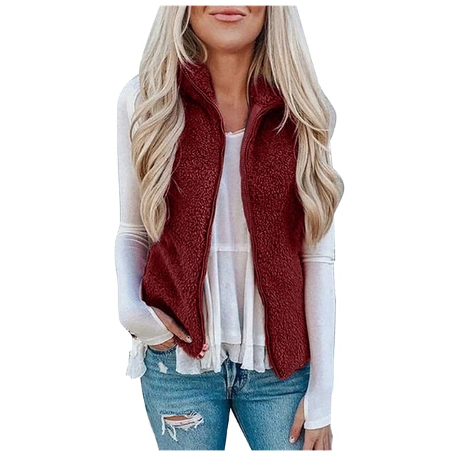 WEIYLL Fleece Jacket Women Pocket Zipper Solid Color Plush Sleeveless Lapel Vest Loose Red Fall Tops Size 3XL
