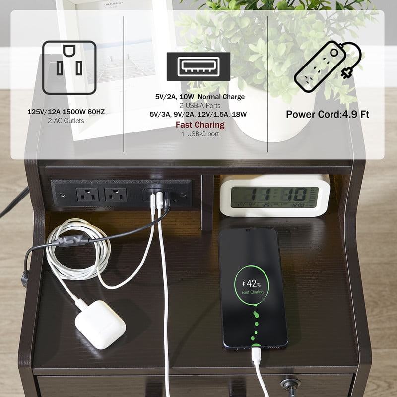 Utopia Alley 2 Drawer LED Nightstand, Night Stand with Fast Charging, 3 USB Ports and 2 Power Outlets, Bedside Table with Open Shelf, 29 inch Nightstand with Lock for Bedroom, Espresso Color