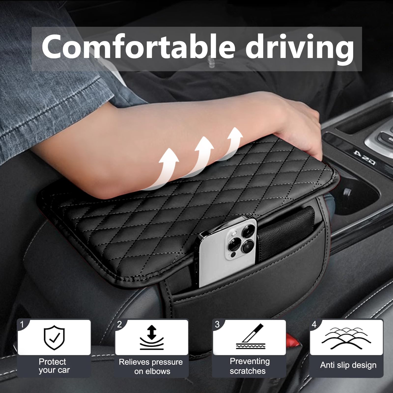 HBK cubierta de consola central de cuero, cojín para apoyabrazos con 2 bolsillos de almacenamiento, almohadilla universal para caja de asiento, protector de accesorios interiores para la mayoría de vehículos, negro 7