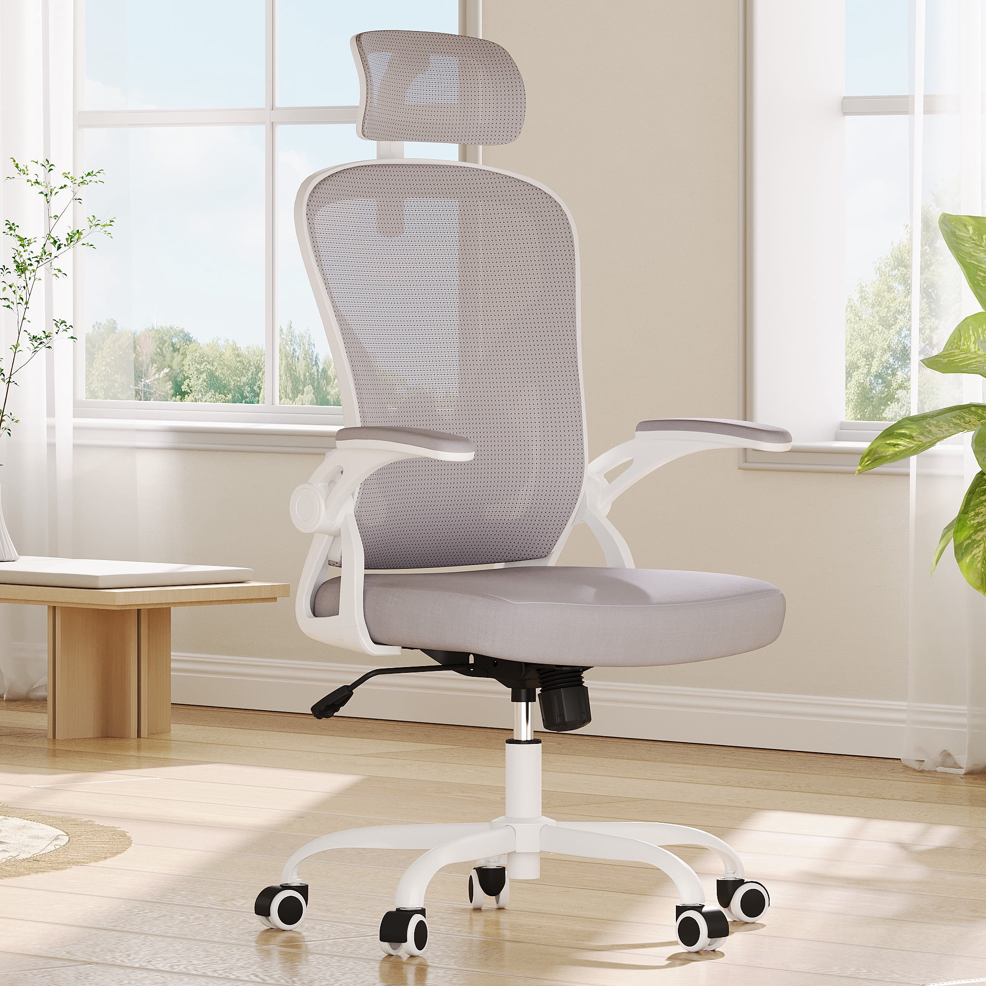 MAYEERTY Ergonomic Home Office Chair with Headrest, Flip-Up Armrests, Adjustable Lumbar Support, White-Gray