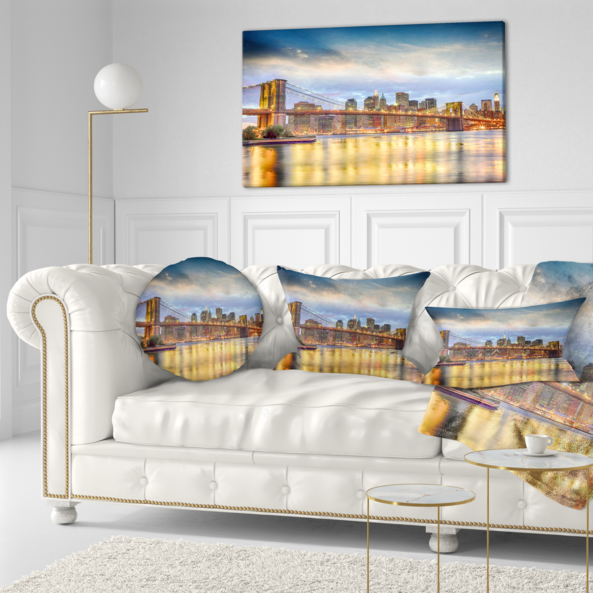 Designart Brooklyn Bridge with Night Illumination - Cityscape Throw Pillow - 12x20