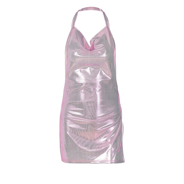 VISgogo Vestido ajustado con abertura lateral para mujer, falda de brillo sin espalda con cuello halter para clubes nocturnos / bares, dorado / plateado / negro / verde VISgogo moda