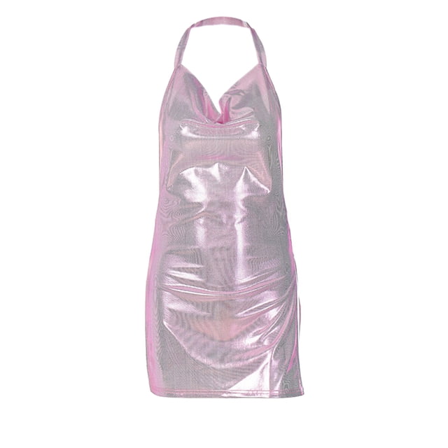 VISgogo Vestido ajustado con abertura lateral para mujer, falda de brillo sin espalda con cuello halter para clubes nocturnos / bares, dorado / plateado / negro / verde VISgogo moda