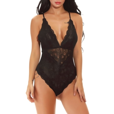 Women s V-Neck See Through Lingerie Floral Lace Bridal Babydoll Sexy Lingerie for Women One Piece Bodysuit
