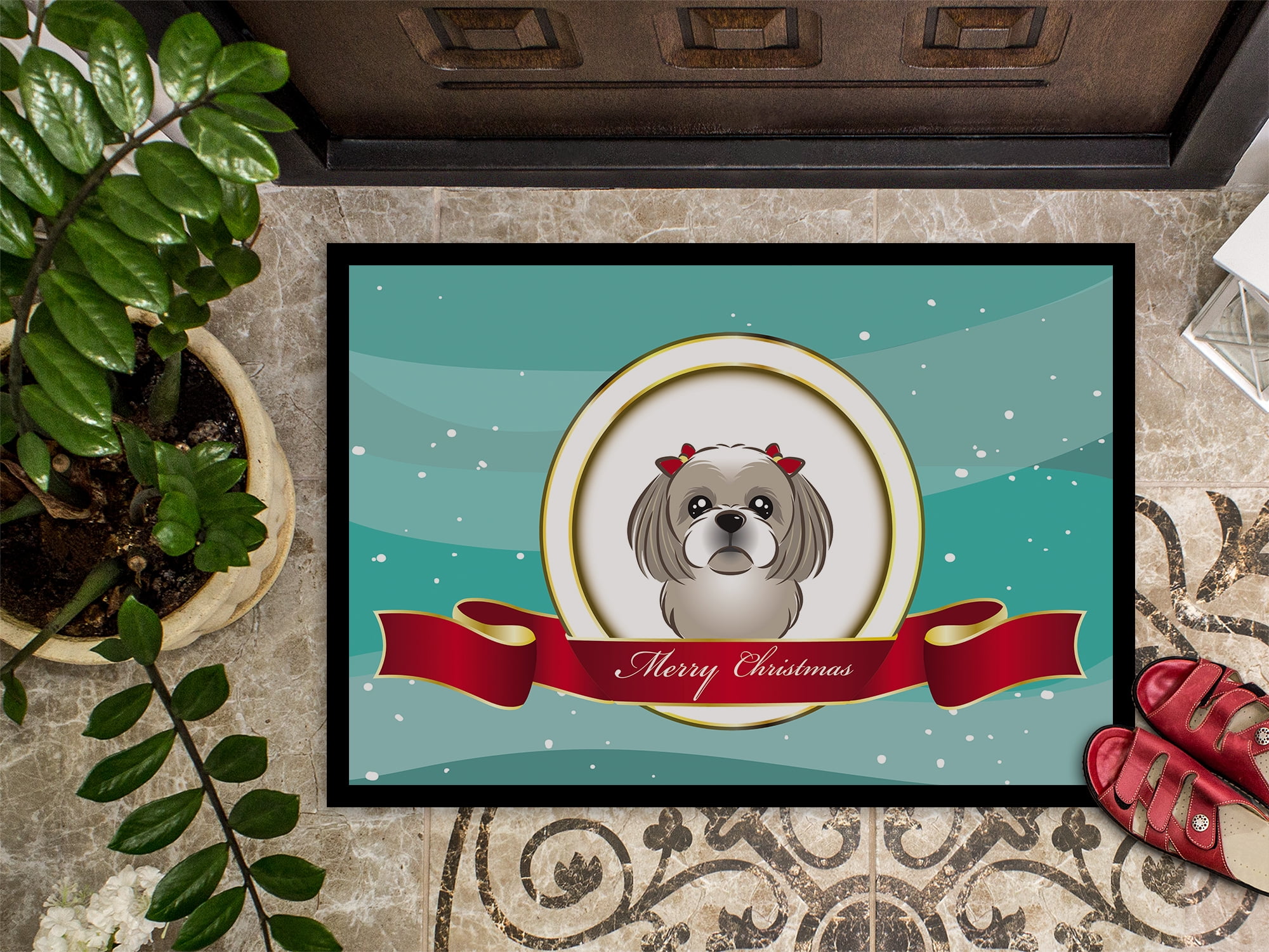 Gray Silver Shih Tzu Merry Christmas Door Mat