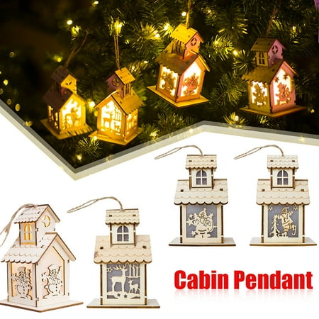 Christmas Decoration Small Wooden House Shape Ornament with LED Night Christmas Tree Pendant Window