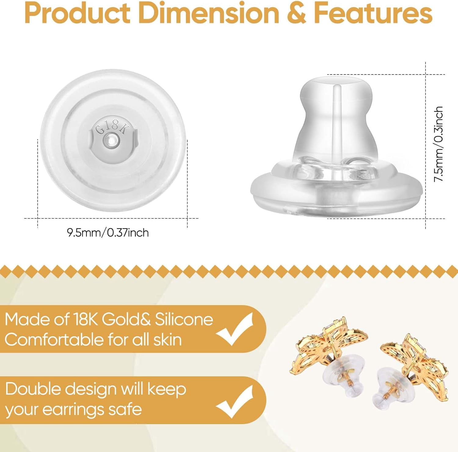 Earring Backs,18K Gold Silicone Earring Backs for Studs/Droopy Ears,Locking Secure Earring Backs for Heavy Earring,No-Irritate Hypoallergenice Soft Clear Earring Backs for Adults