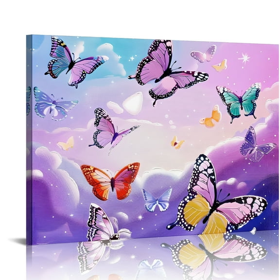 Yiluyinqing Butterflies Purple Background Canvas Wall Art Decor Ready To Hang - Home Living Room Bedroom Office Hotel Salon Decorations 16x12in