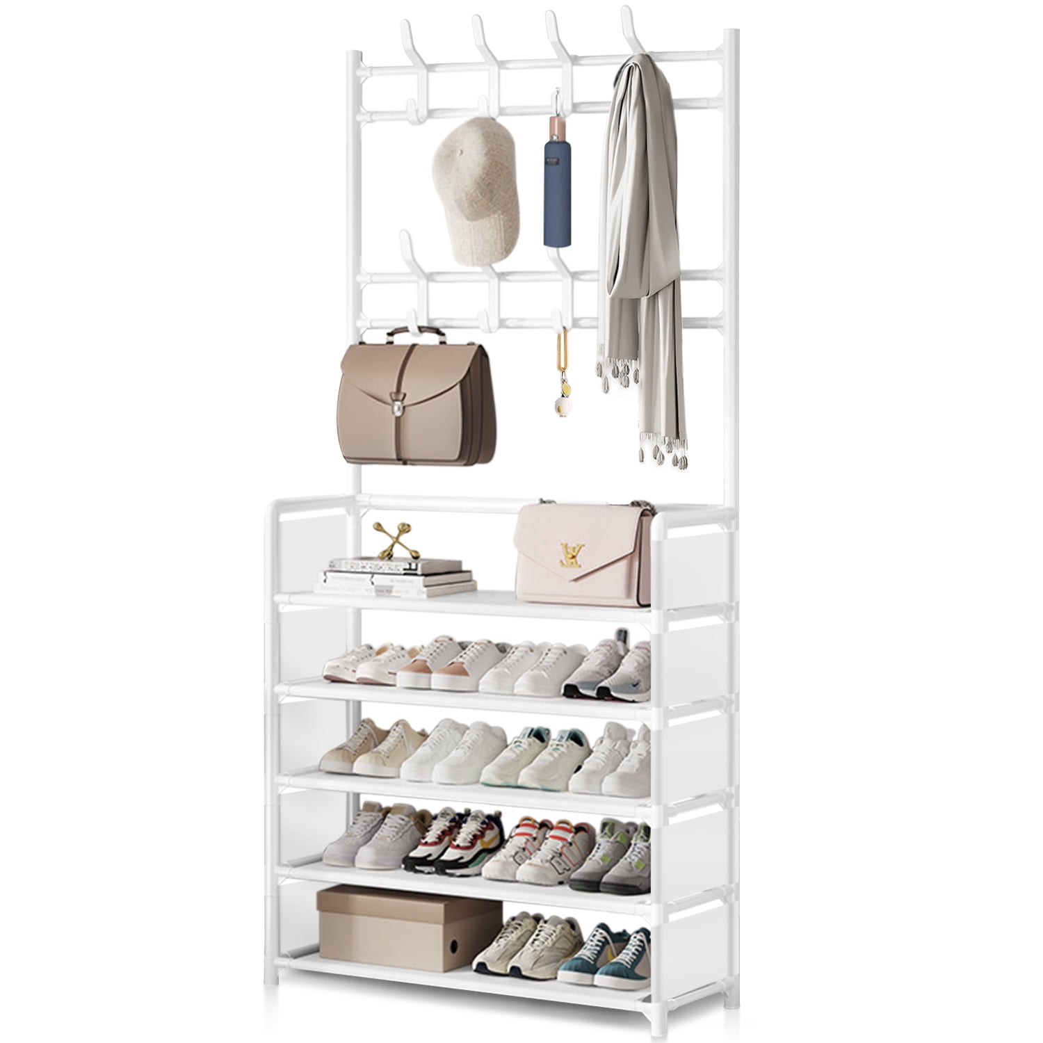 BRC Shoe Rack with Coat Rack Freestanding Hall Tree for Entryway 5 Tier Shoe Rack for Front Door Entrance White