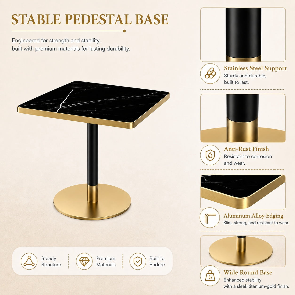 Aukfa 31.5" Square Dining Table for 2-4, Marble-Look Sintered Stone Top, Gold Pedestal Base, Small Spaces,Black Onyx