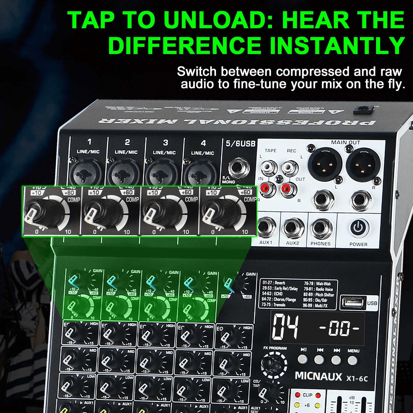 Audio Mixer 6 Channel Professional Sound Mixer Console with 99 DSP Effects, Mixing Board DJ Mixer w/USB, Bluetooth, 48V Power Supply, PAD Button for Recording Karaoke PA Drum Live Music