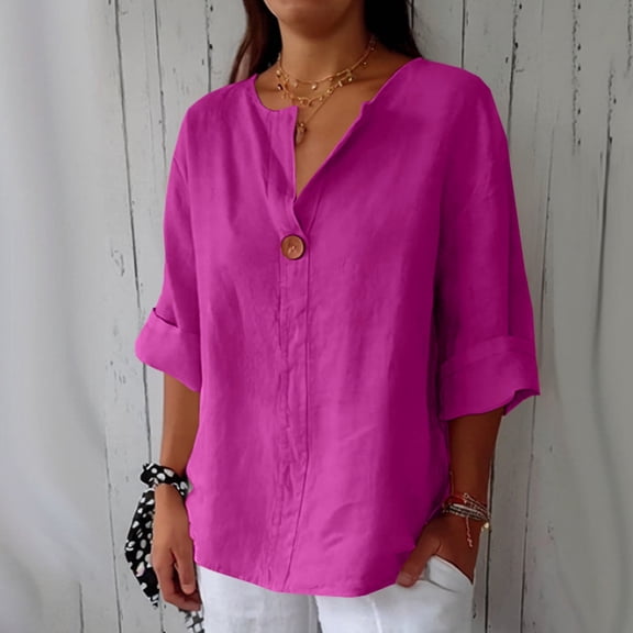 HLKJKLS T Shirts For Women Cotton Linen V Neck 3/4 Sleeve Loose Casual Holiday Beach Tunic Blouse Top Purple S-5Xl