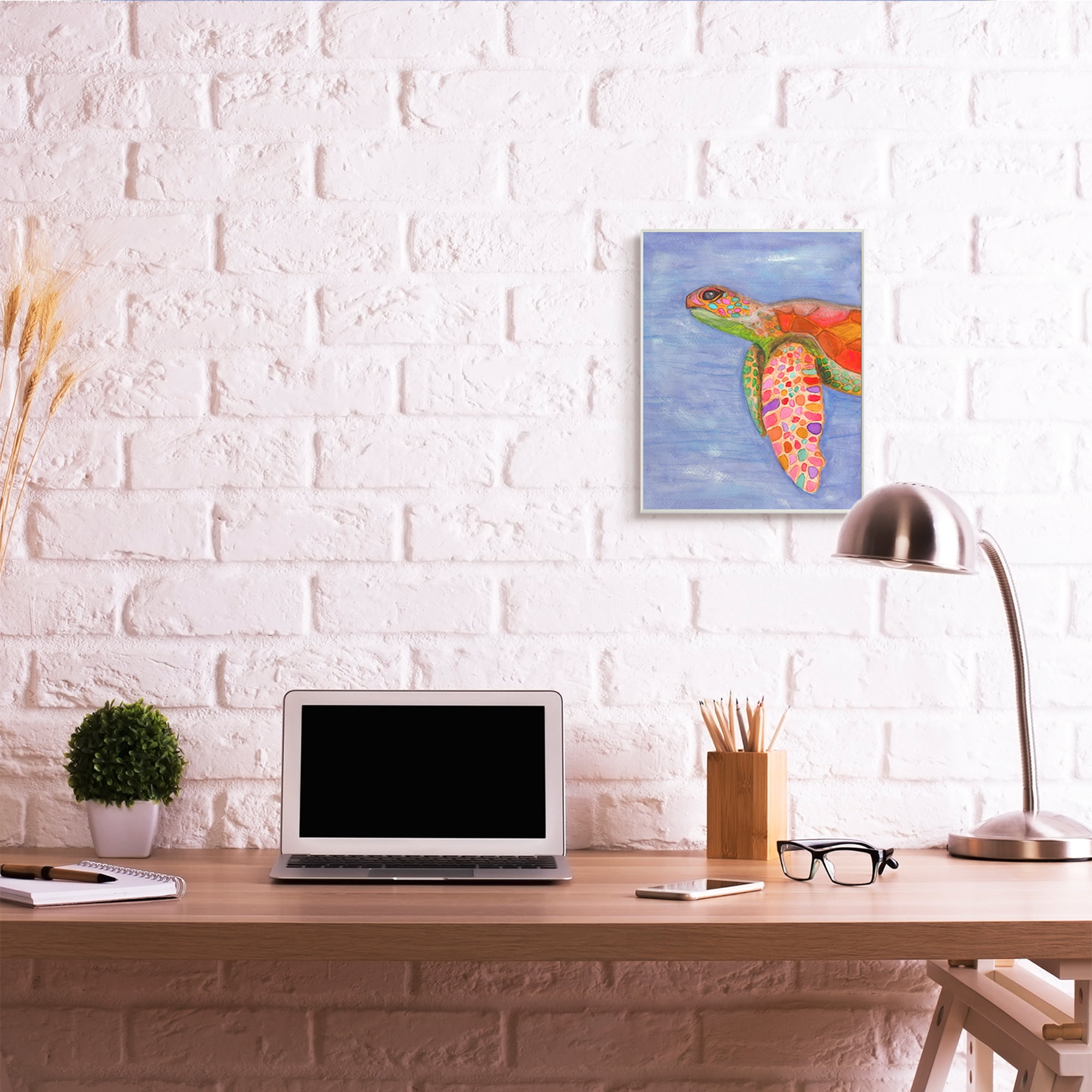 Rainbow Sea Tortoise Soft Coastal Swimming Portrait 13 in x 19 in Framed Painting Art Print, by Stupell Home Décor