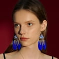 thumbnail image 2 of Long Feather Dangle Drop Statement Earrings for Women Gold-Toned Bohemian Enamel Fan Shaped Leaf Turquoise Beads Fringe Tassel Dangling Studs Earring Lightweight Fish Hook Vintage Ethnic Jewelry, 2 of 6