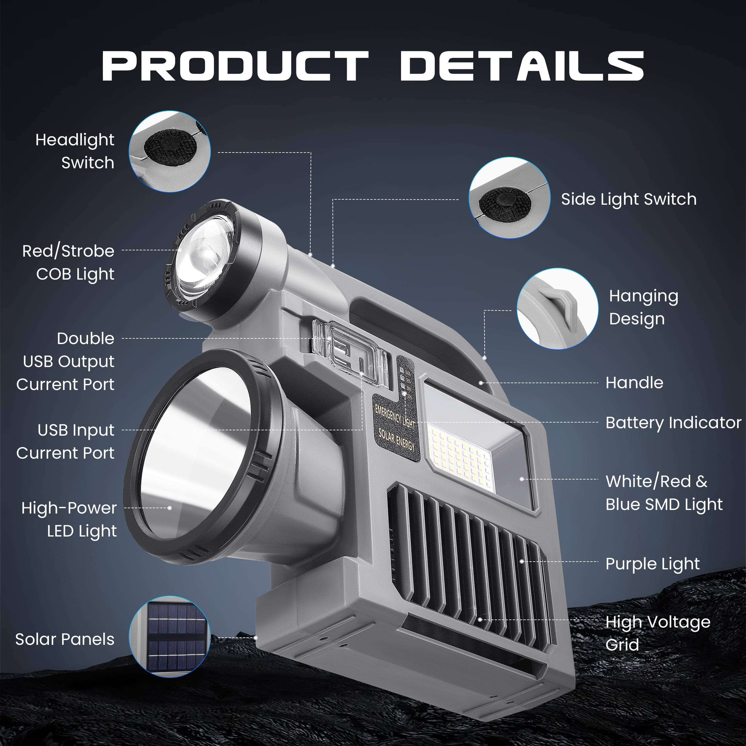 YTAKY Spotlight Flashlight, 1500,000 lumens and 10 light modes, IP67 waterproof and drop resistant rechargeable spotlight, solar charging and mobile power, outdoor adventure, emergency use