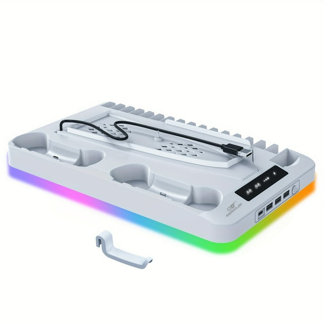 PS5 Cooling Stand with 7-Color Lights, Dual Controller Charger & Headphone Hook, CD Storage Gaming Organizer
