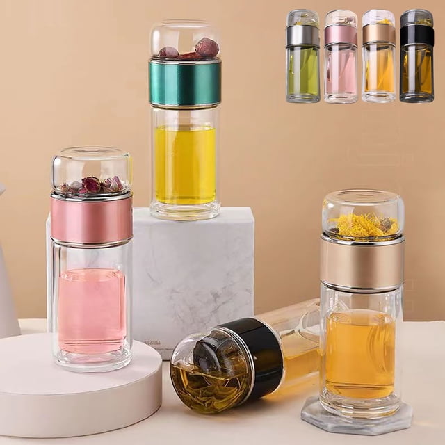 Fiudx Taza de Té de Doble Capa, Diseño de Vidrio Transparente, Aislamiento Resistente Al Calor, Portátil para Viajes, Oficina y Uso Doméstico, Preparación de Té Elegante, Duradera y Ecológica, 1 Jueg