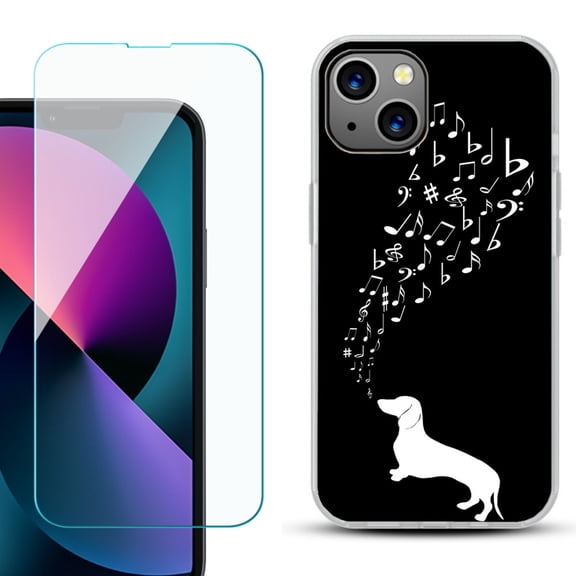 Slim-Fit Gel TPU Phone Case for iPhone 13 Mini, with Tempered Glass Screen Protector, by OneToughShield ® - Dachshund/Puppy Music