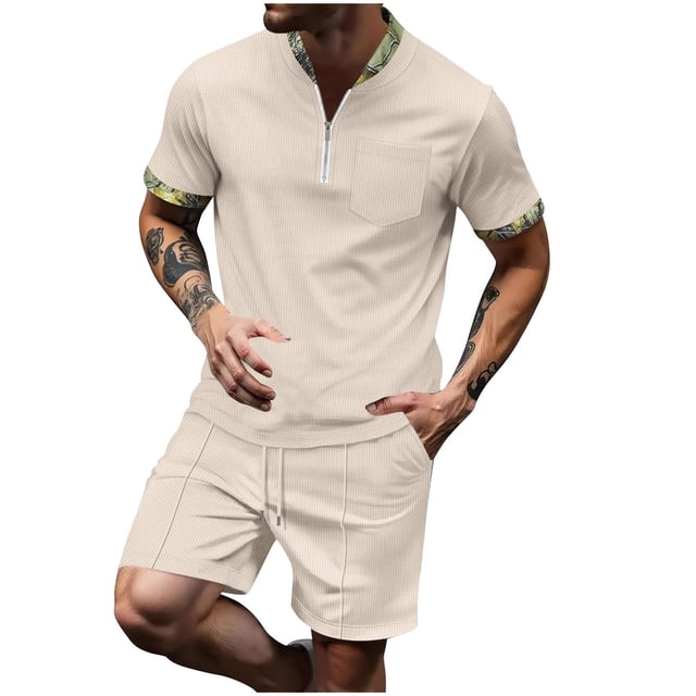 Shorts Courts pour Hommes Pantalons pour Hommes Décontractés Mode Hommes Manches Courtes Col Rabattu Pantalons Survêtement Deux Pièces Manches pour Hommes Pantalons pour Hommes Mode