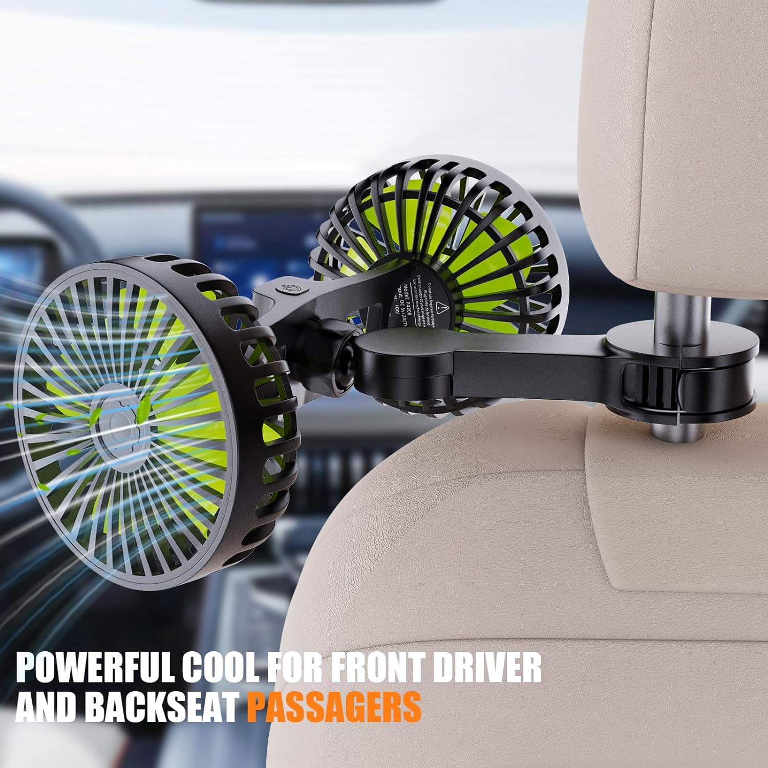 Wiher Car Fan for Backseat, Dual Head USB Car Seat Fan, 3 Speeds Strong Wind 360° Rotatable Vehicle Rear Headrest Fan for Car, Air Circulation Car Fans with Adjustable Clip for All Car Models