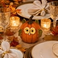 thumbnail image 3 of Handcrafted Resin Owl Pumpkin Figurine with Floral Eyes and Leaf Ears for Fall Halloween Thanksgiving Tabletop Decor Indoor Party Decoration, 3 of 8
