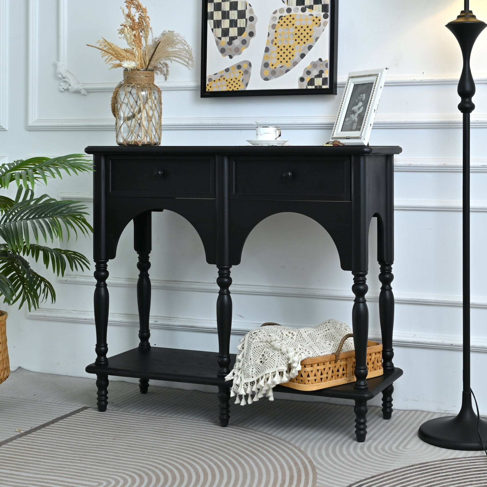 Leumius 39.37" Accent Distressed Black Solid Wooden Table, Classic Arched Design Turned Legs Storage Console Table with Open Shelf and 2 Drawers for Living Room