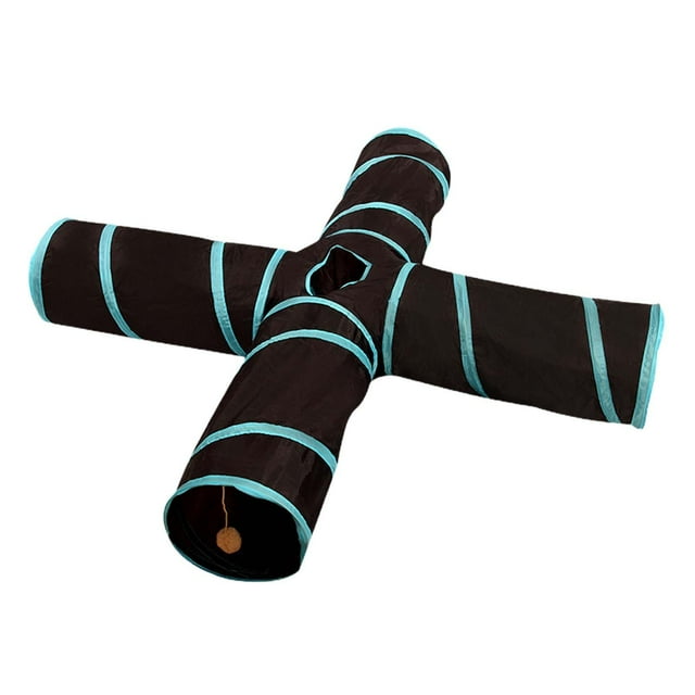Túnel para gatos, tubo de túnel plegable doblado con juguete con orificio para pelota de juego, juguetes interactivos para gatos, túnel de pista para , Azul Negro Azul Negro Cuatro Abierto