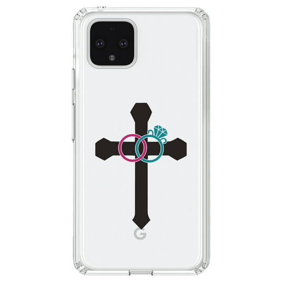 DistinctInk Clear Shockproof Hybrid Case for Google Pixel 4 (6.1" Screen) - TPU Bumper Acrylic Back Tempered Glass Screen Protector - Wedding Rings Cross Jesus