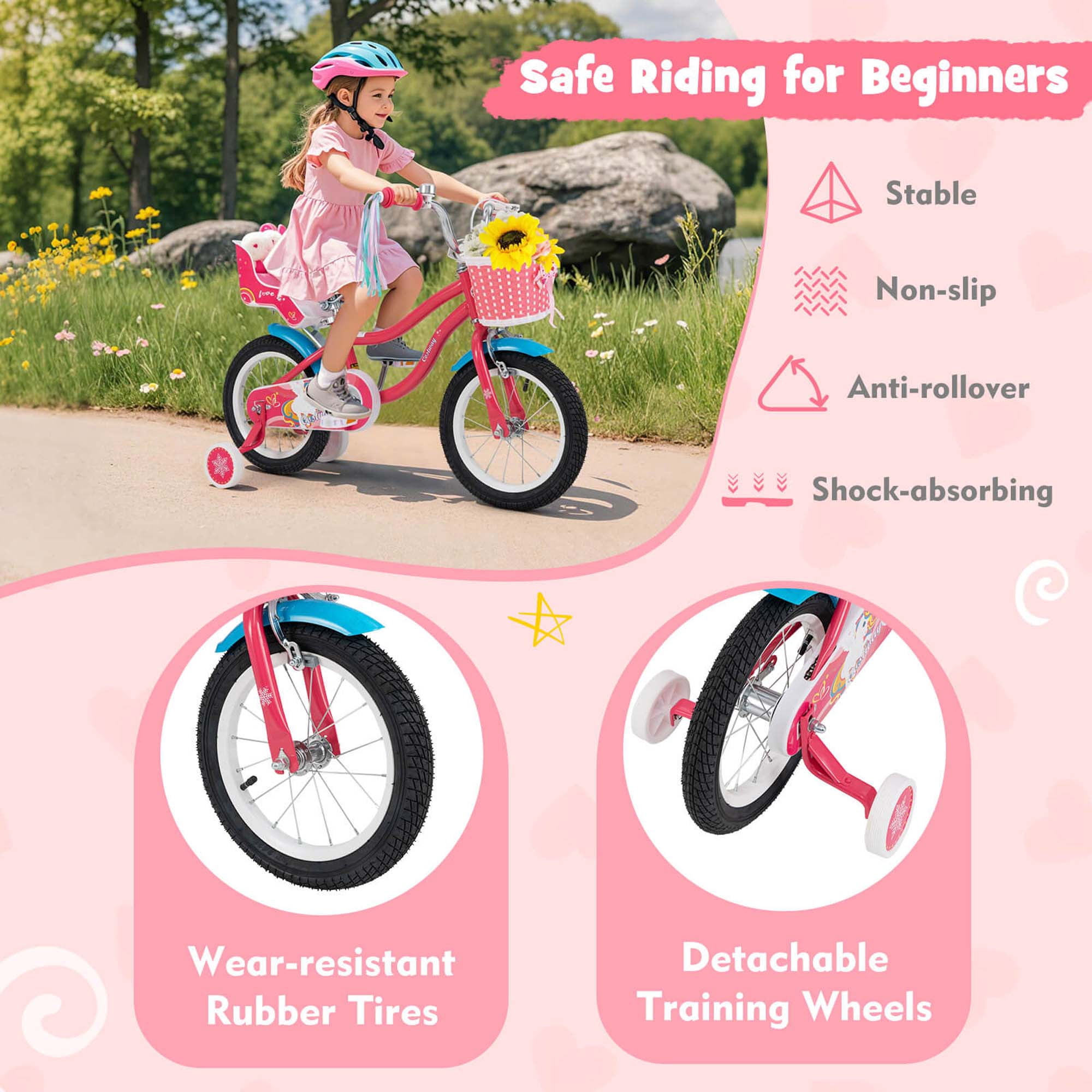 Costway 14 Inch Kids Bike with Basket Doll Seat & Colorful Streamers 2 Training Wheels Pink