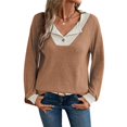 thumbnail image 2 of Camisetas de Larga de Moda de Otoño para Mujer, Sudaderas con Cuello en V y Botones de Patchwork, Tops Casuales Tipo Pulóver Color Caramelo XXL, 2 of 9