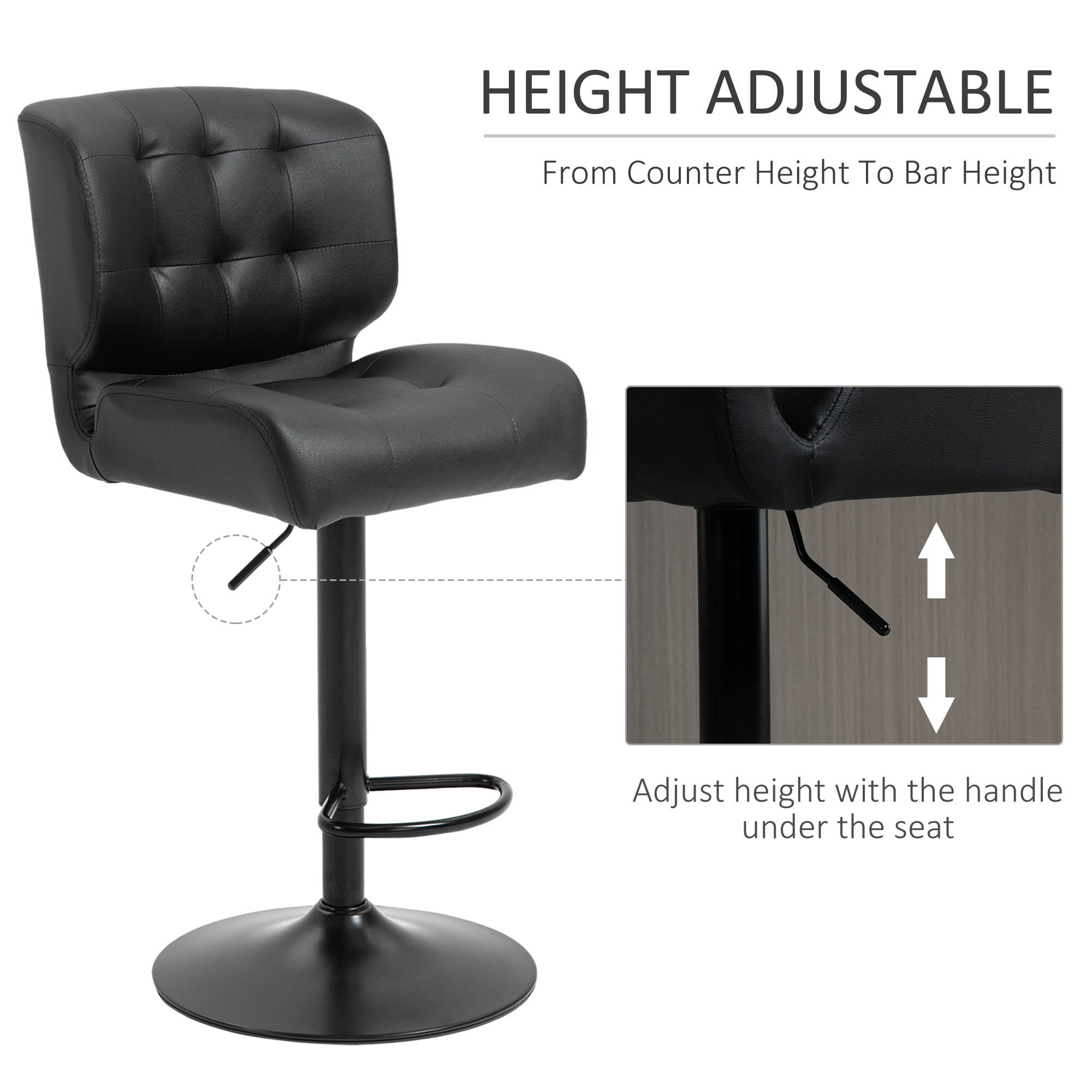 HOMCOM Bar Height Bar Stools Set of 2 with Adjustable Seat, Thick Padded Cushion and Metal Footrest for Home Bar, Black