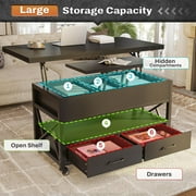 40 Lift Top Coffee Table, 4 in 1 Coffee Tables with Storage for Living Room, Small Farmhouse Coffee Table with 2 Drawers & LED Light for Dining Reception Room, Black