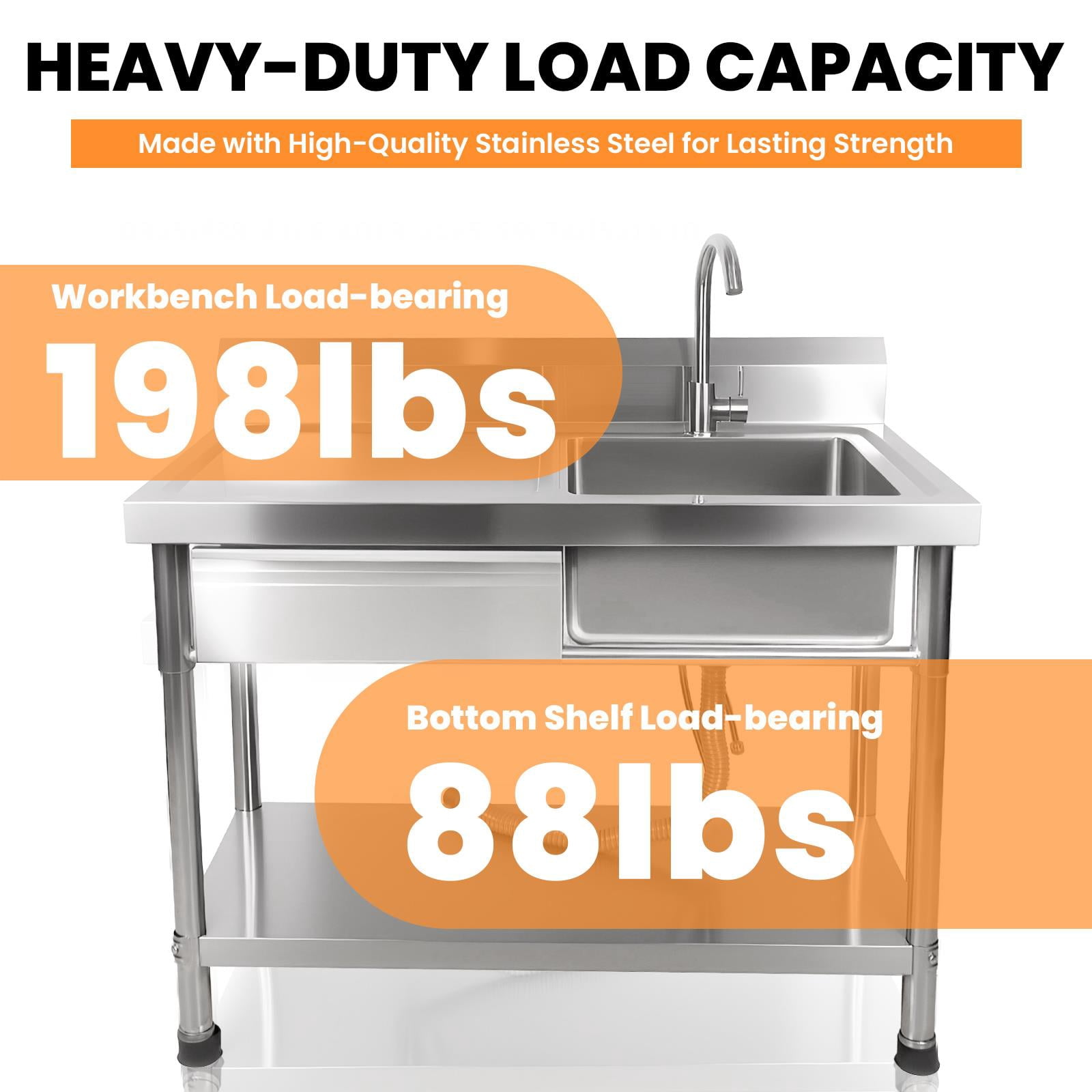 1-Drawer Free Standing Utility Sink,Stainless Steel Commercial Sink With Single Bowl,Cold And Hot Water Pipes And Workbench,Kitchen Sink For Laundry Or Farmhouse,Silver