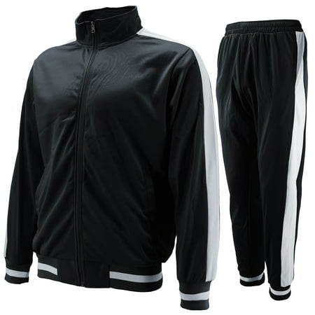 vkwear Men's Striped Athletic Running Jogging Gym Slim Fit Sweat Track Suit Set (Black,