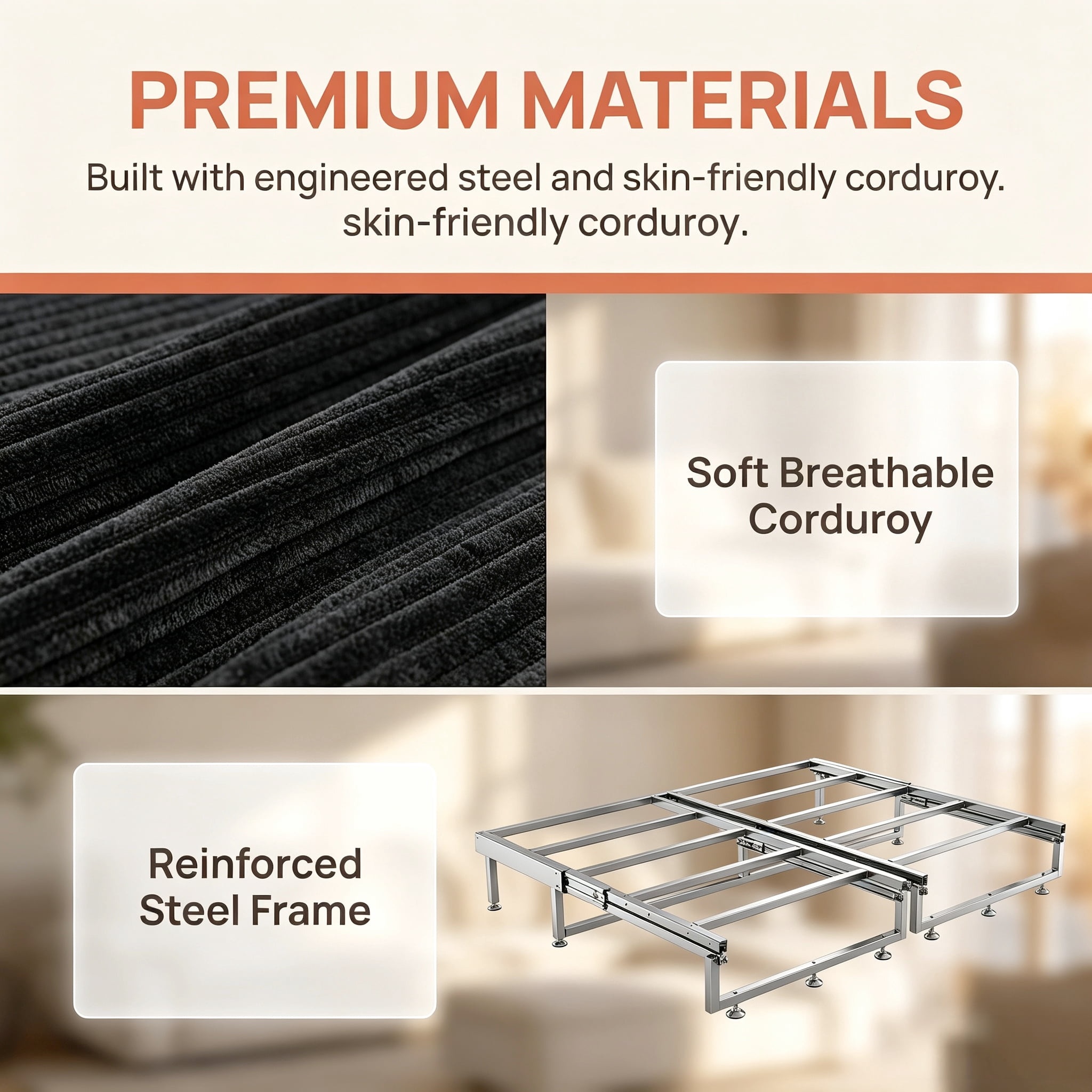 3-in-1 King Size Sleeper Sofa Bed, 94.5" Corduroy Convertible Pull Out Couch with Steel Frame, Modern Folding Lounge Sofa for Living Room, Black