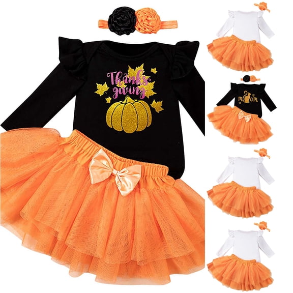 Zylarhe Toddler Kids Girls Halloween Pumpkin Prints Romper Skirt Hairband 3PCS Set Light Yellow 12-18 Months
